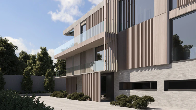 A modern residential building with timber slats and balconies