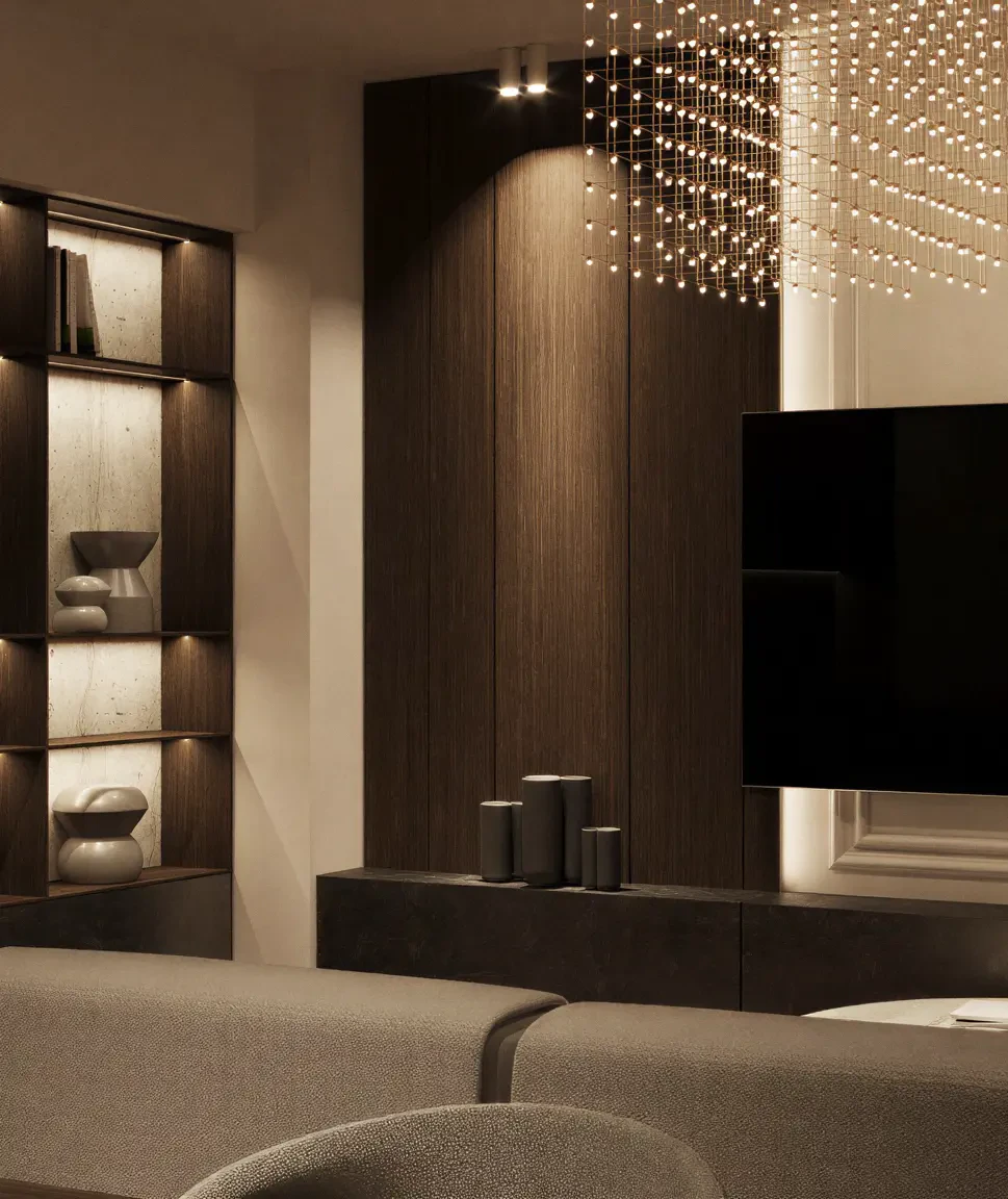 A finished interior with lit wooden shelving and a wall-mounted screen