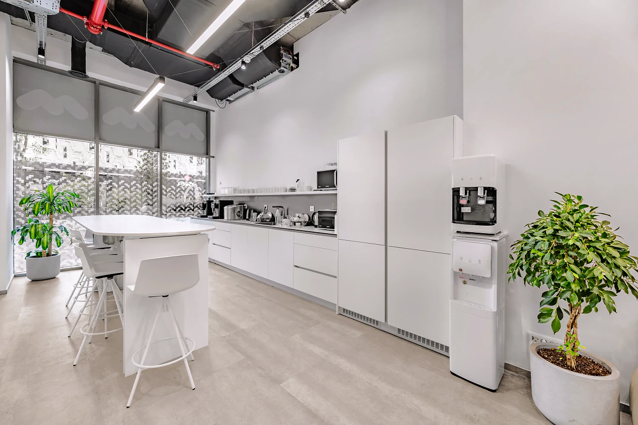 A white kitchen with a high table, a coffee machine and a potted tree