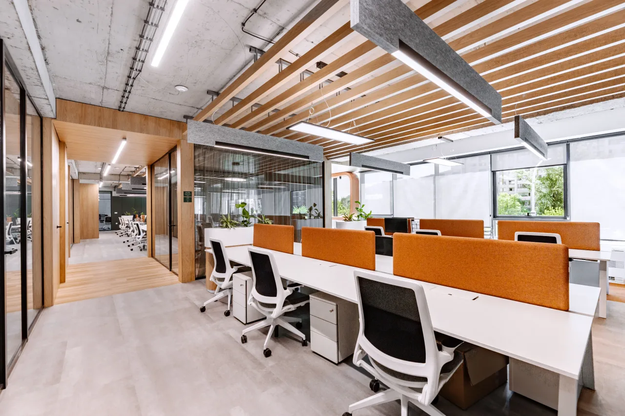 Open desks under a timber slatted ceiling