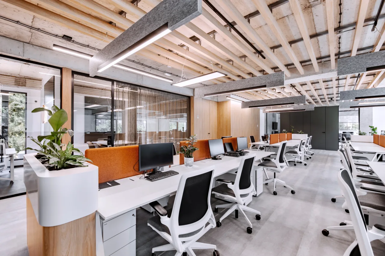 Desks and planters under the slatted ceiling, daylight beyond