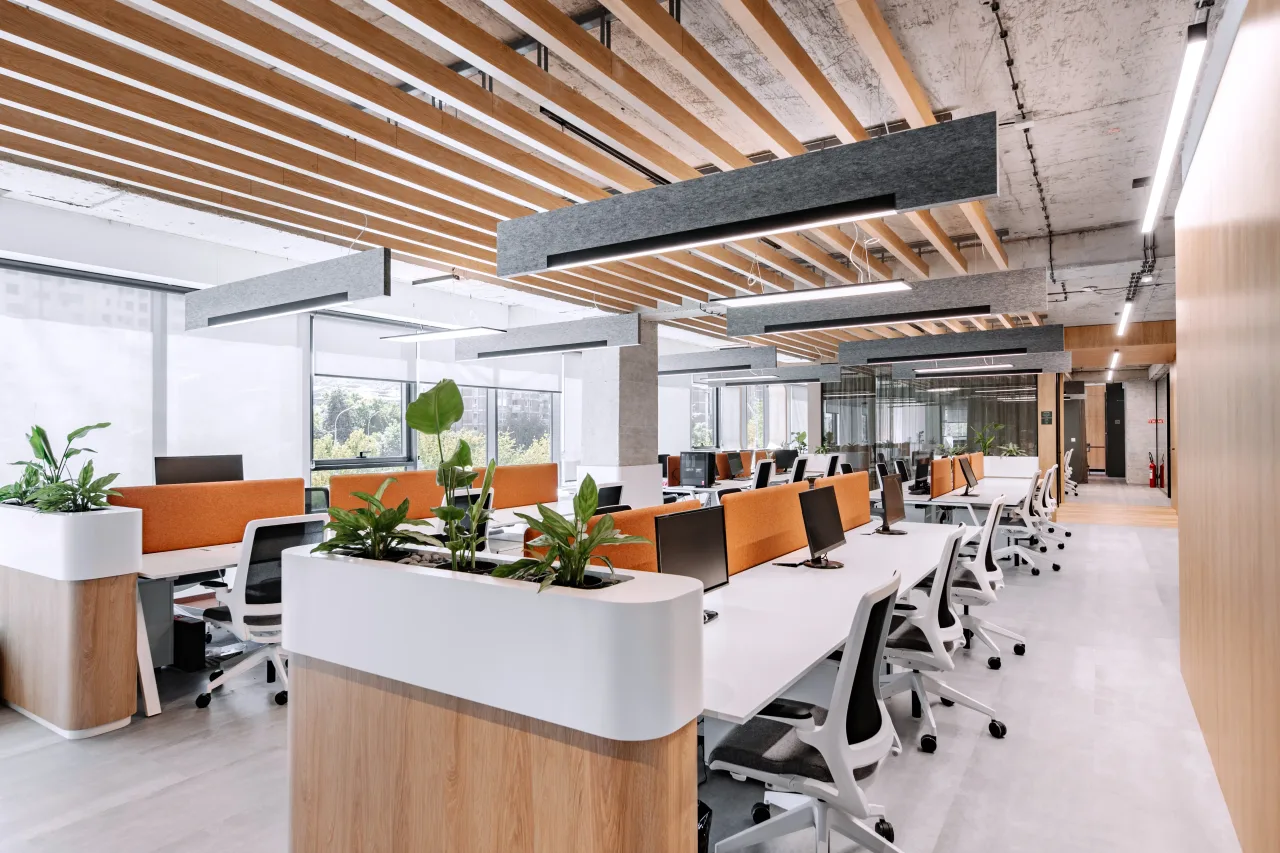 A row of desks with planters, seen from the end of the room
