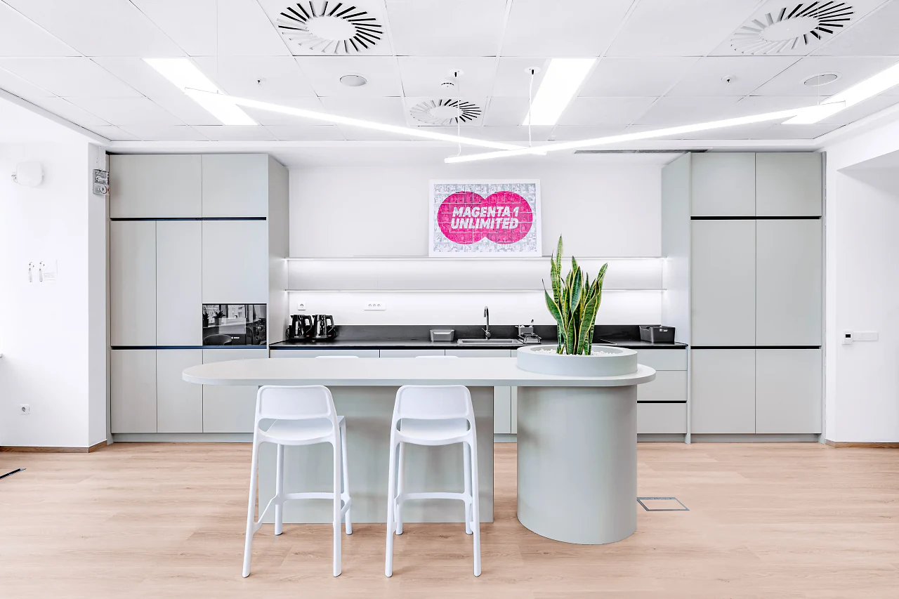 A white kitchen with an island, bar stools and a plant