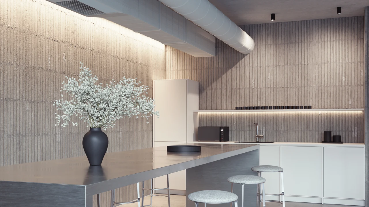 A timber-lined kitchen and breakout area with soft lighting