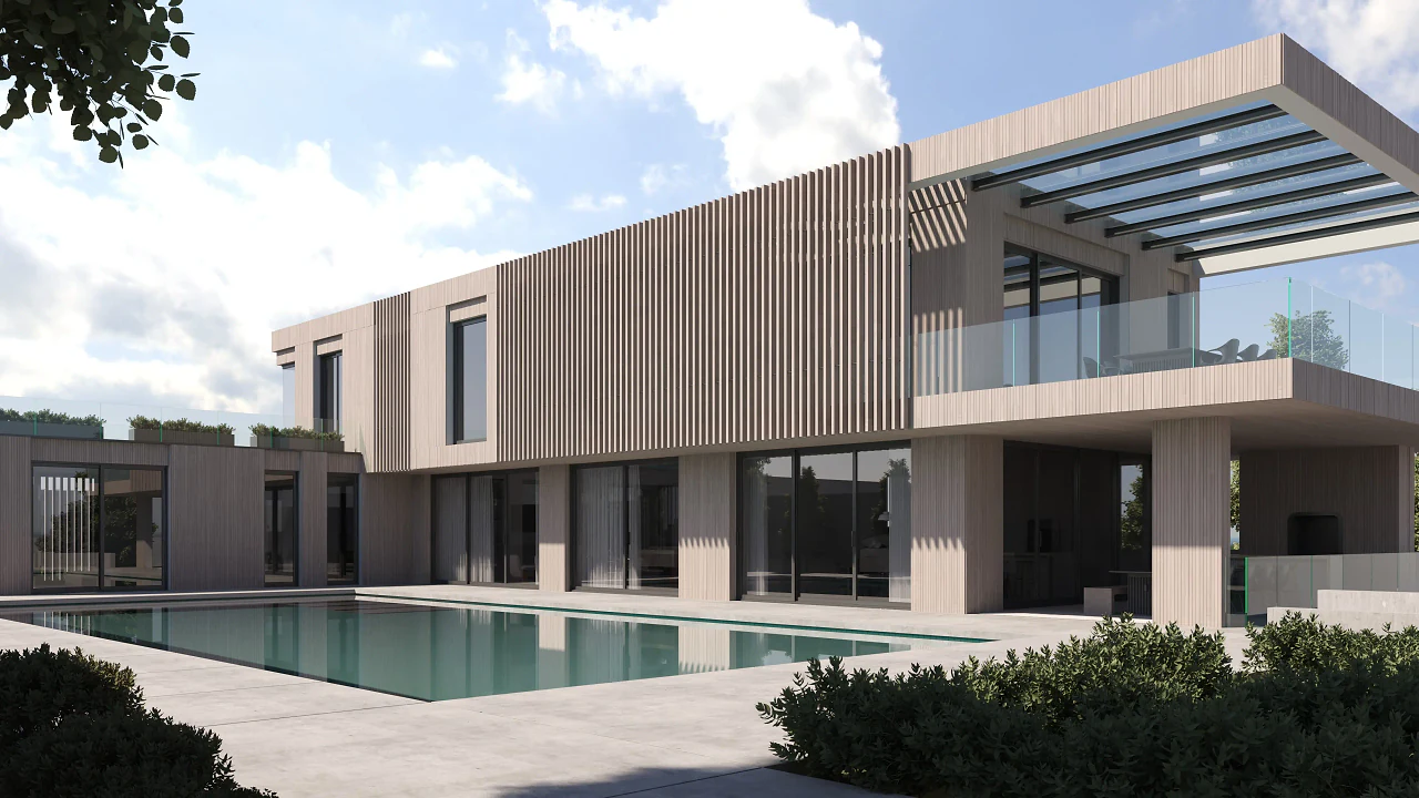 A modern two-storey house with timber slats and a pool