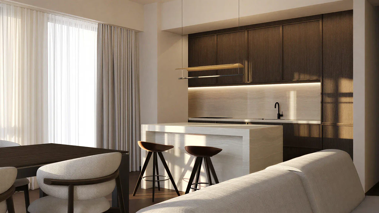A finished apartment interior with a dark wood kitchen, an island and bar stools
